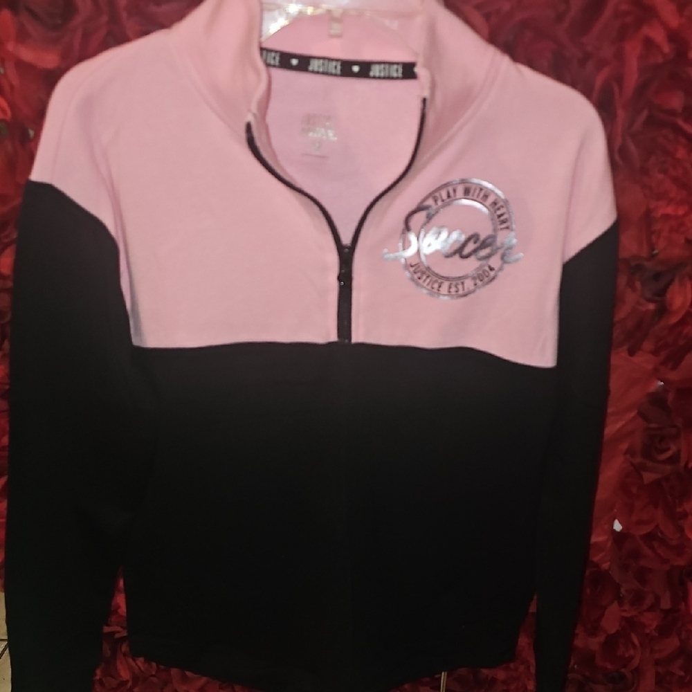 Justice Pink and Black Logo Soccer Zip Up Pullover Sweatshirt Size 12